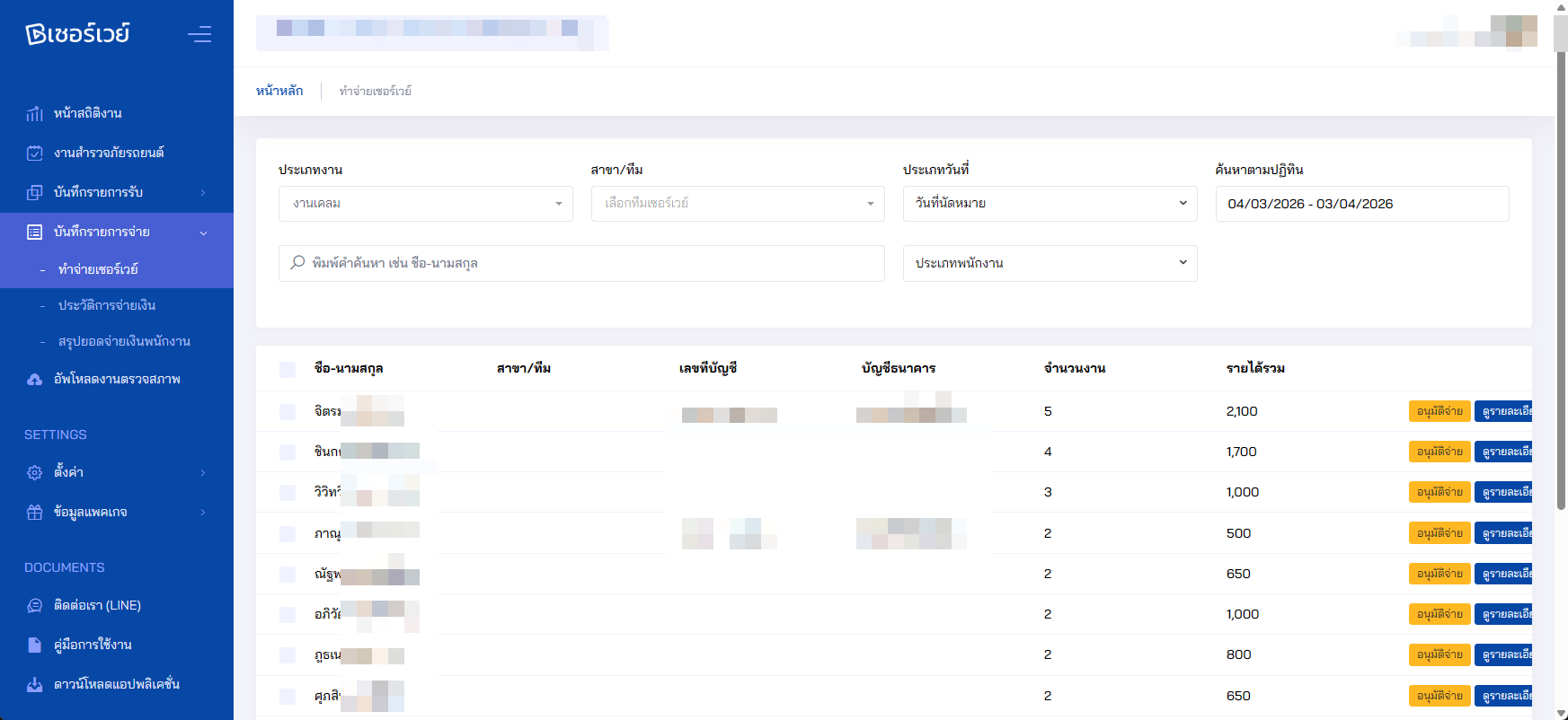หน้าจอรายการใบแจ้งหนี้